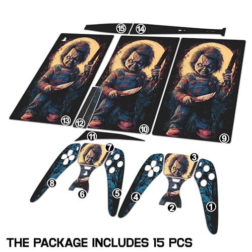 Skin Sticker for Game Console 5 Cover, Both Disc & Digital Edition (not Slim Version) - Horror Doll, Removable Decal Cover for 2 Controllers & Console