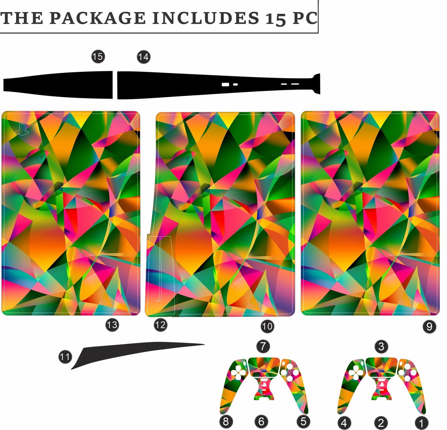 Skin Sticker for Game Console 5 Cover - 3D Polygon, Compatible with Both Disc Edition & Digital Edition (not Slim Ver) - 2 Controller Skins & Console Skin - No Bubble, Removable