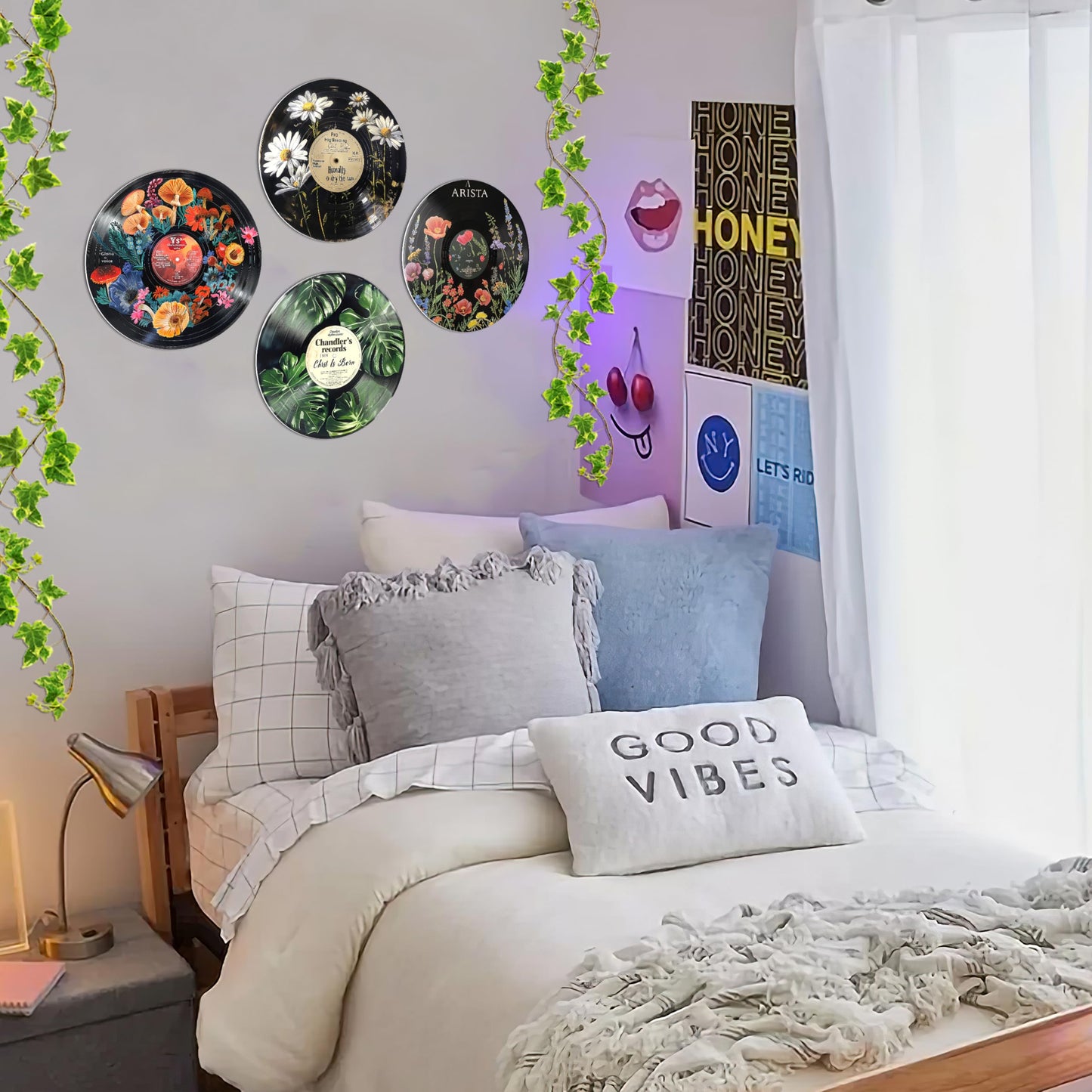 HK Studio Records Retro Music Decor Aesthetic 12" Pack 4 - Dorm Decor, Room Decor Aesthetic, Hippie Room Decor, Room Decor for Teen Girls
