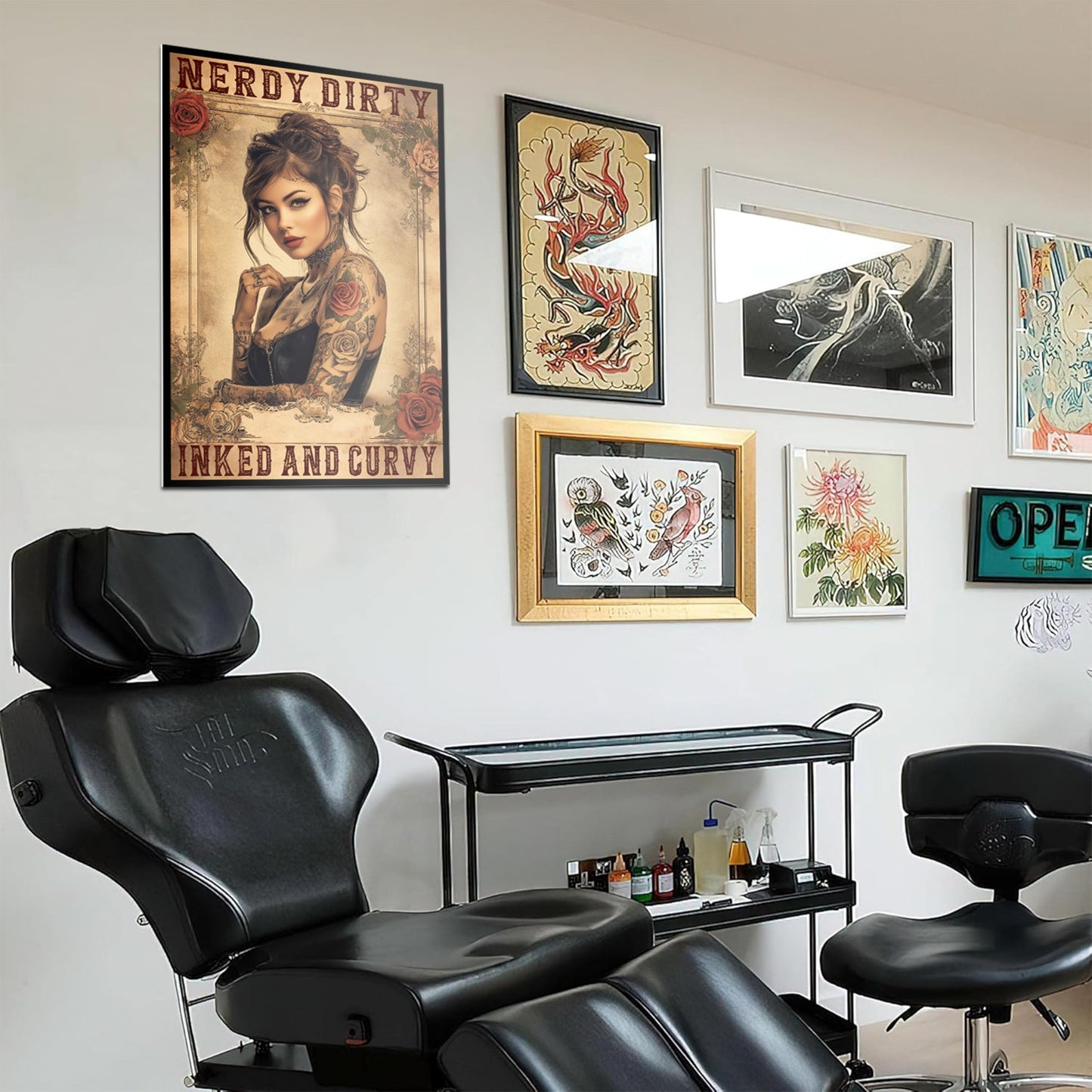 HK Studio Tattoo Decor Vintage Wall Art - Inked and Curvy Tattoo Shop Decor, Tattoo Wall Art