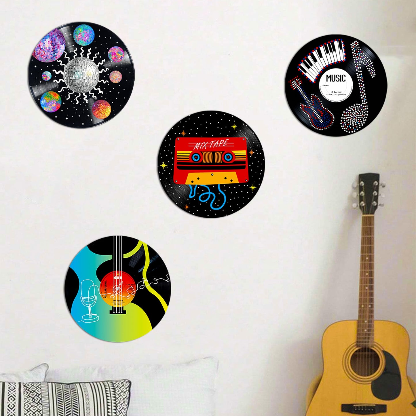 HK Studio Records Wall Decor Hippie Aesthetic 12" Pack 4 - Music for Dorm, Bedroom, Teen Room Decor - PVC (not Vinyl) Room Decor Aesthetic, Room Decor Y2K