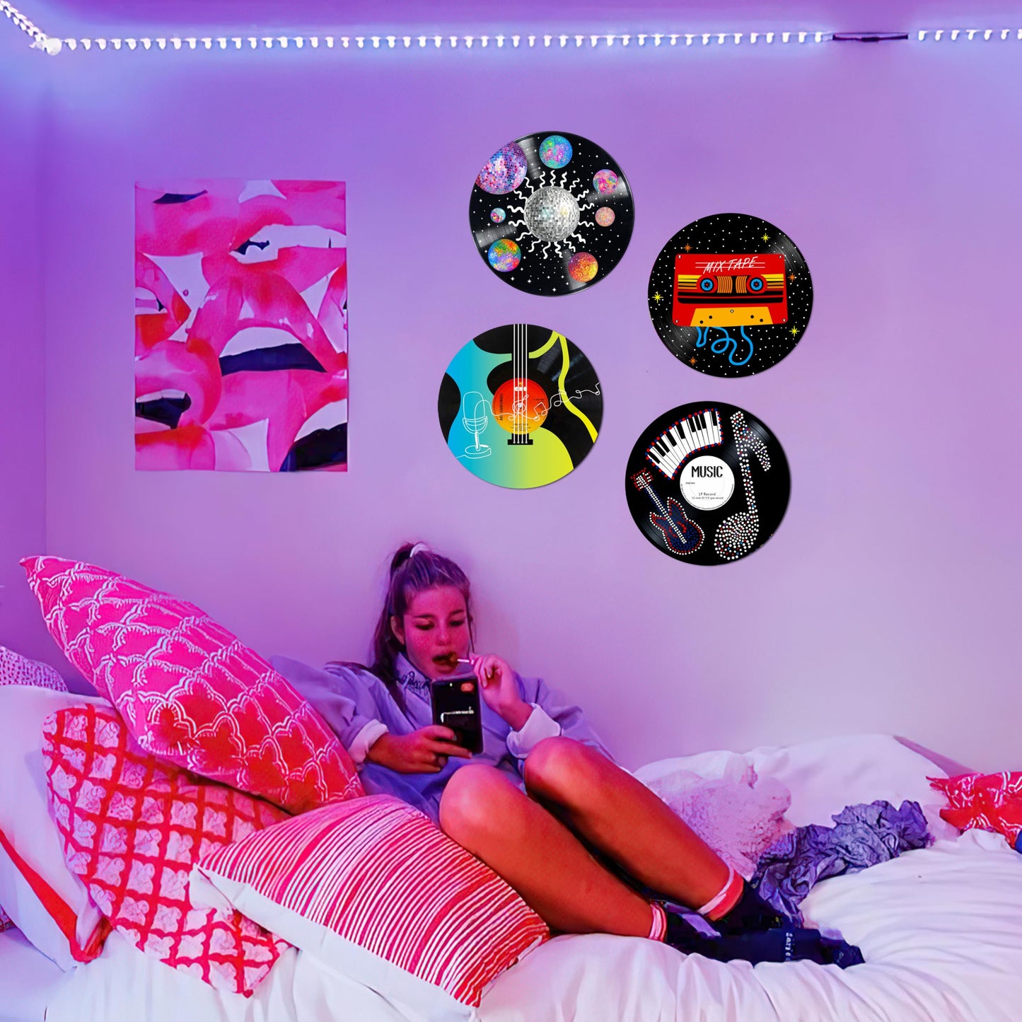 HK Studio Records Wall Decor Hippie Aesthetic 12" Pack 4 - Music for Dorm, Bedroom, Teen Room Decor - PVC (not Vinyl) Room Decor Aesthetic, Room Decor Y2K