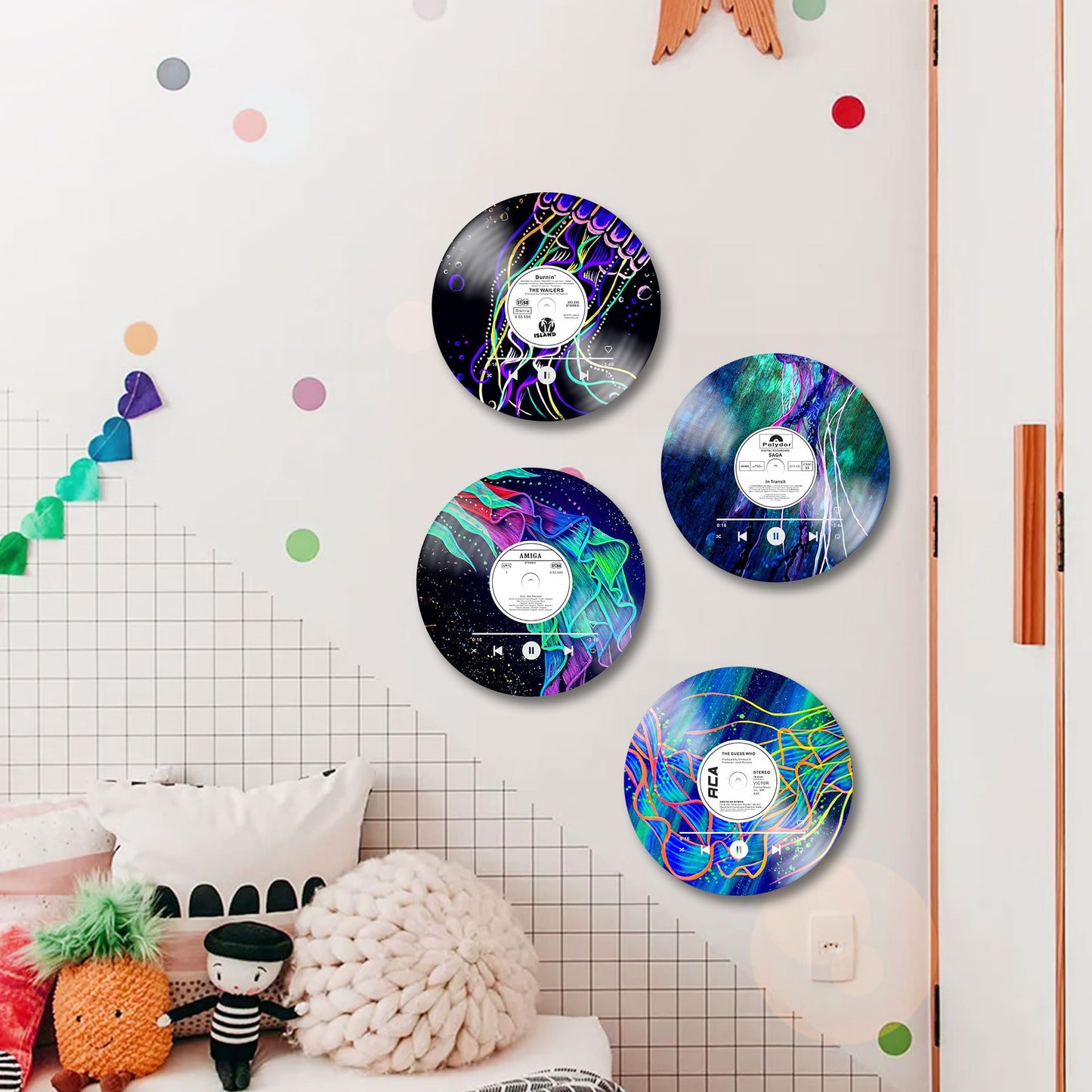 HK Studio Records Wall Decor Hippie Aesthetic 12" Pack 4 - Jellyfish for Dorm, Bedroom, Teen Room Decor - PVC (not Vinyl) Room Decor Aesthetic, Room Decor Y2K