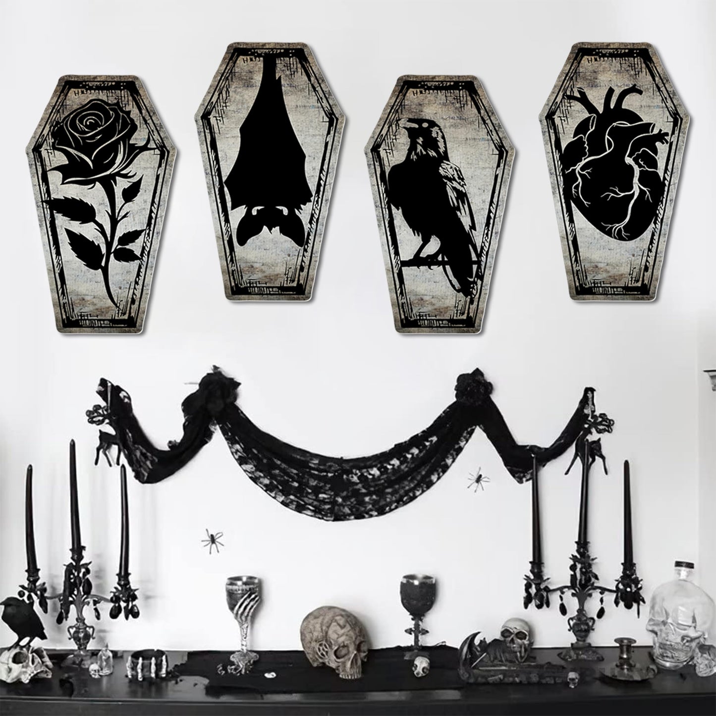 Gothic Decor Dark Academia Posters 10" x 16" Pack 4 - Illusion Framed Coffin Gothic Home Decor, Halloween Decor, Dorm Decor, Teen Room Decor