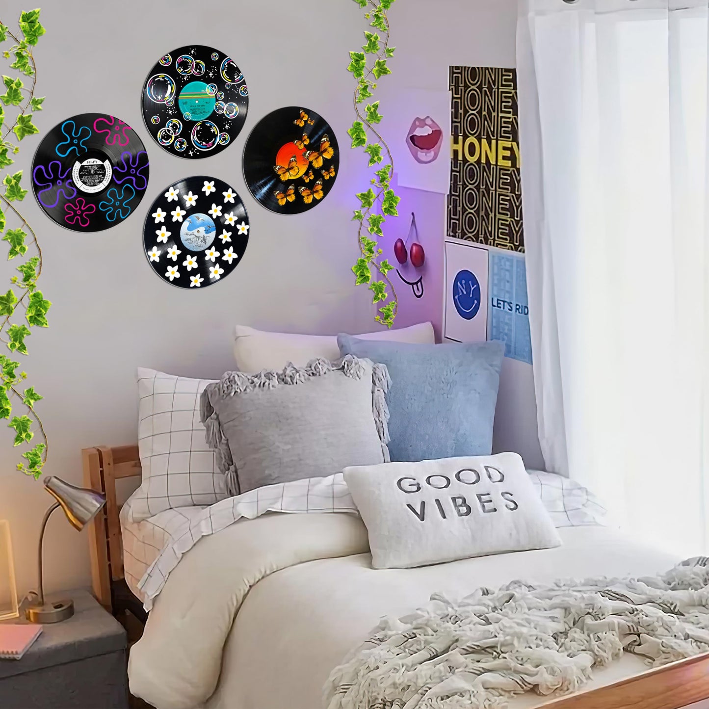 HK Studio Records Wall Decor Hippie Aesthetic 12" Pack 4 - for Dorm, Bedroom, Teen Room Decor - PVC (not Vinyl) Room Decor Aesthetic, Room Decor Y2K
