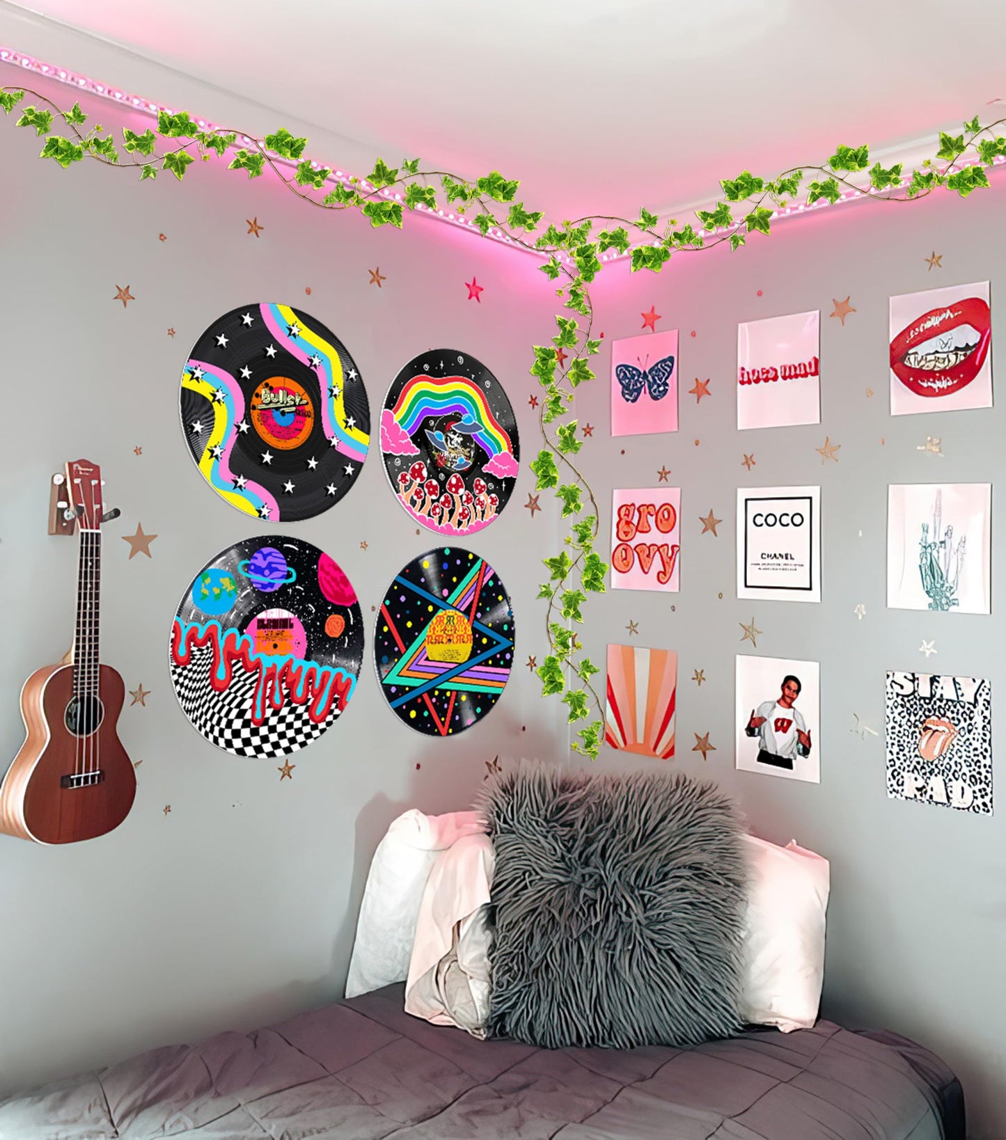 HK Studio Hippie Decor, Posters for Room Aesthetic, Galaxy - Record Decor, Music Themed Party Decorations, 4 Pcs 12"