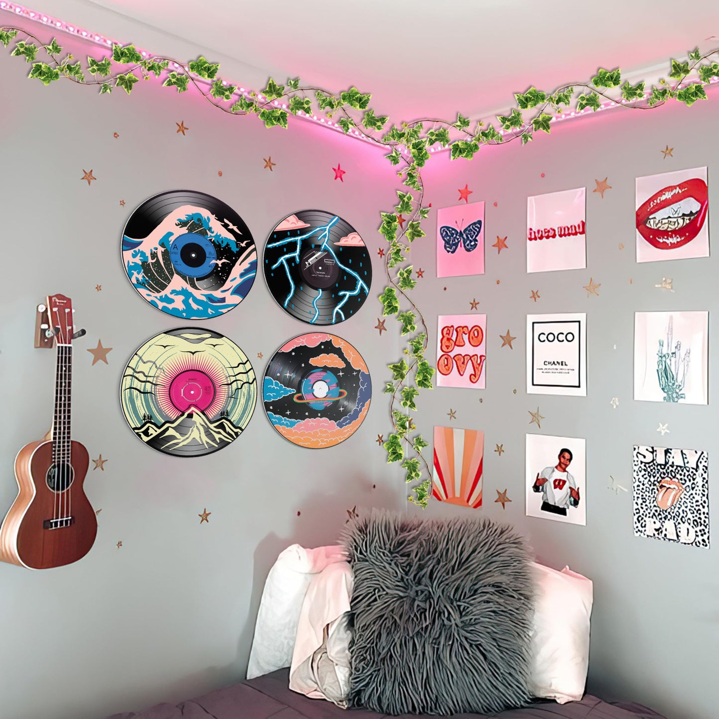 HK Studio Records Wall Decor Hippie Aesthetic 12" Pack 4 - Supernatural for Dorm, Bedroom, Teen Room Decor - PVC (not Vinyl) Room Decor Aesthetic, Room Decor Y2K
