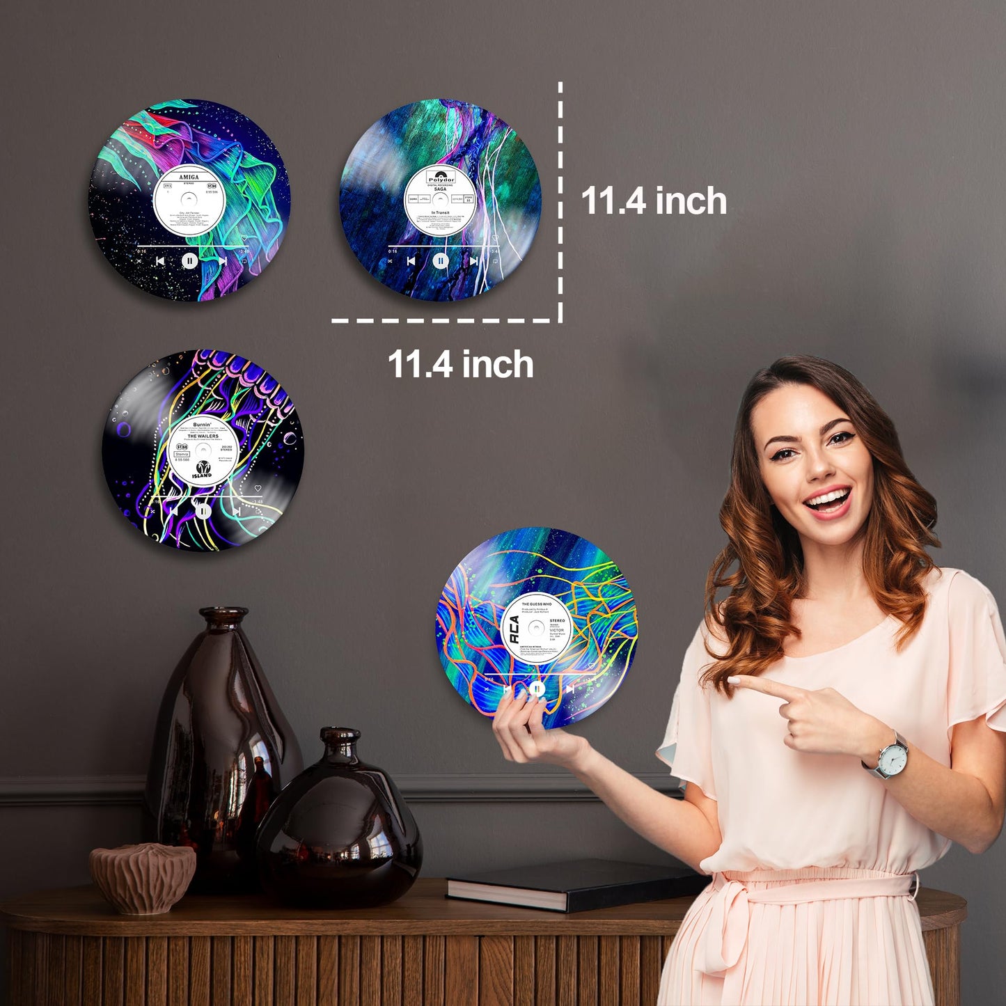 HK Studio Records Wall Decor Hippie Aesthetic 12" Pack 4 - Jellyfish for Dorm, Bedroom, Teen Room Decor - PVC (not Vinyl) Room Decor Aesthetic, Room Decor Y2K