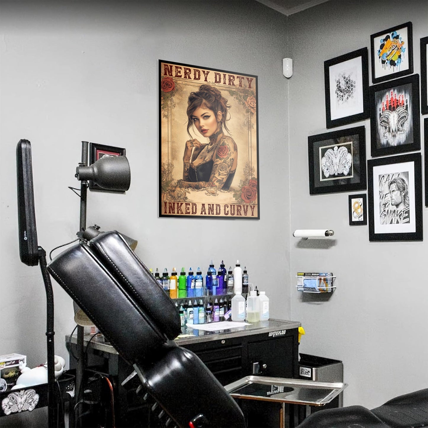 HK Studio Tattoo Decor Vintage Wall Art - Inked and Curvy Tattoo Shop Decor, Tattoo Wall Art