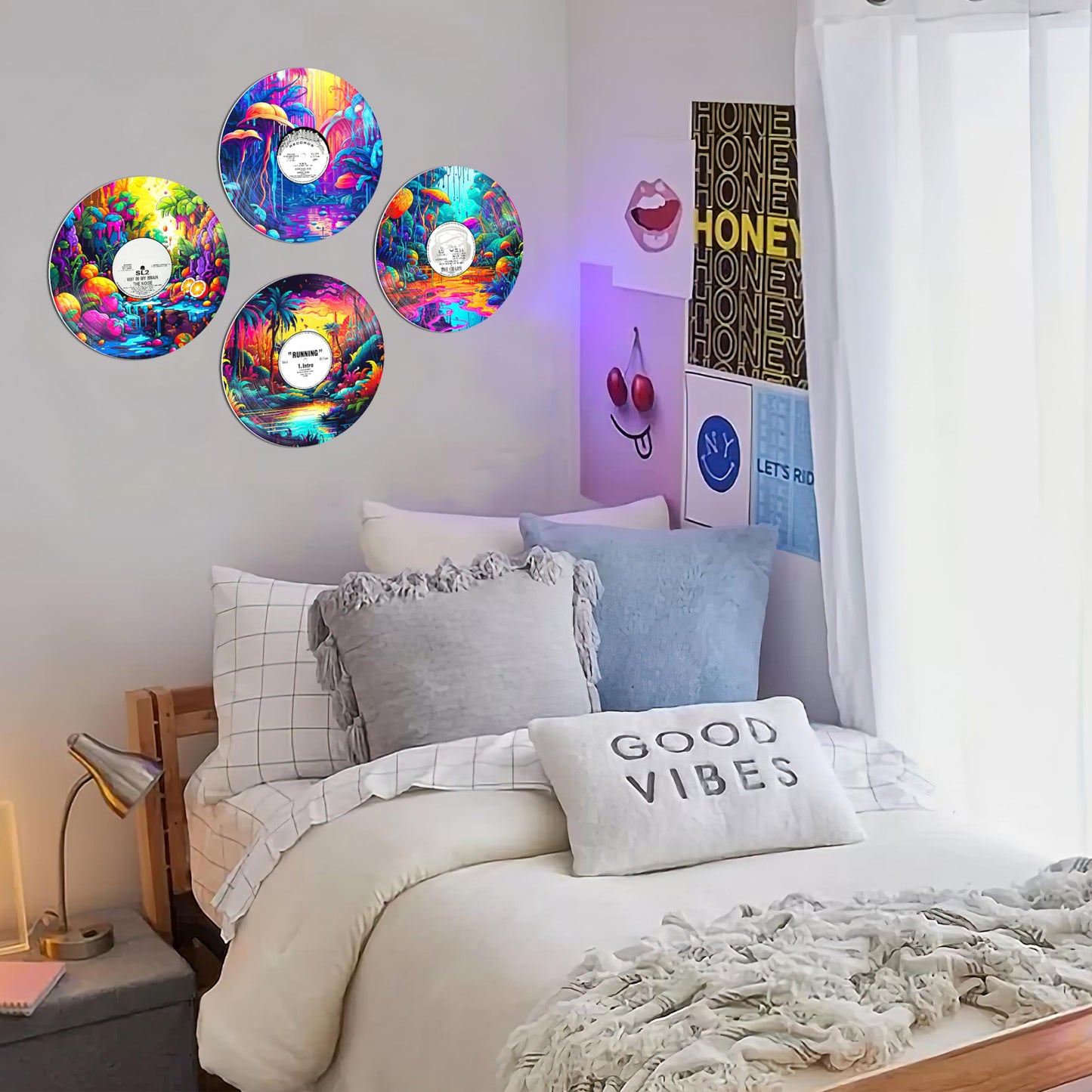 HK Studio Records Wall Decor Hippie Aesthetic 12" Pack 4 - for Dorm, Bedroom, Teen Room Decor - PVC (not Vinyl) Room Decor Aesthetic, Room Decor Y2K