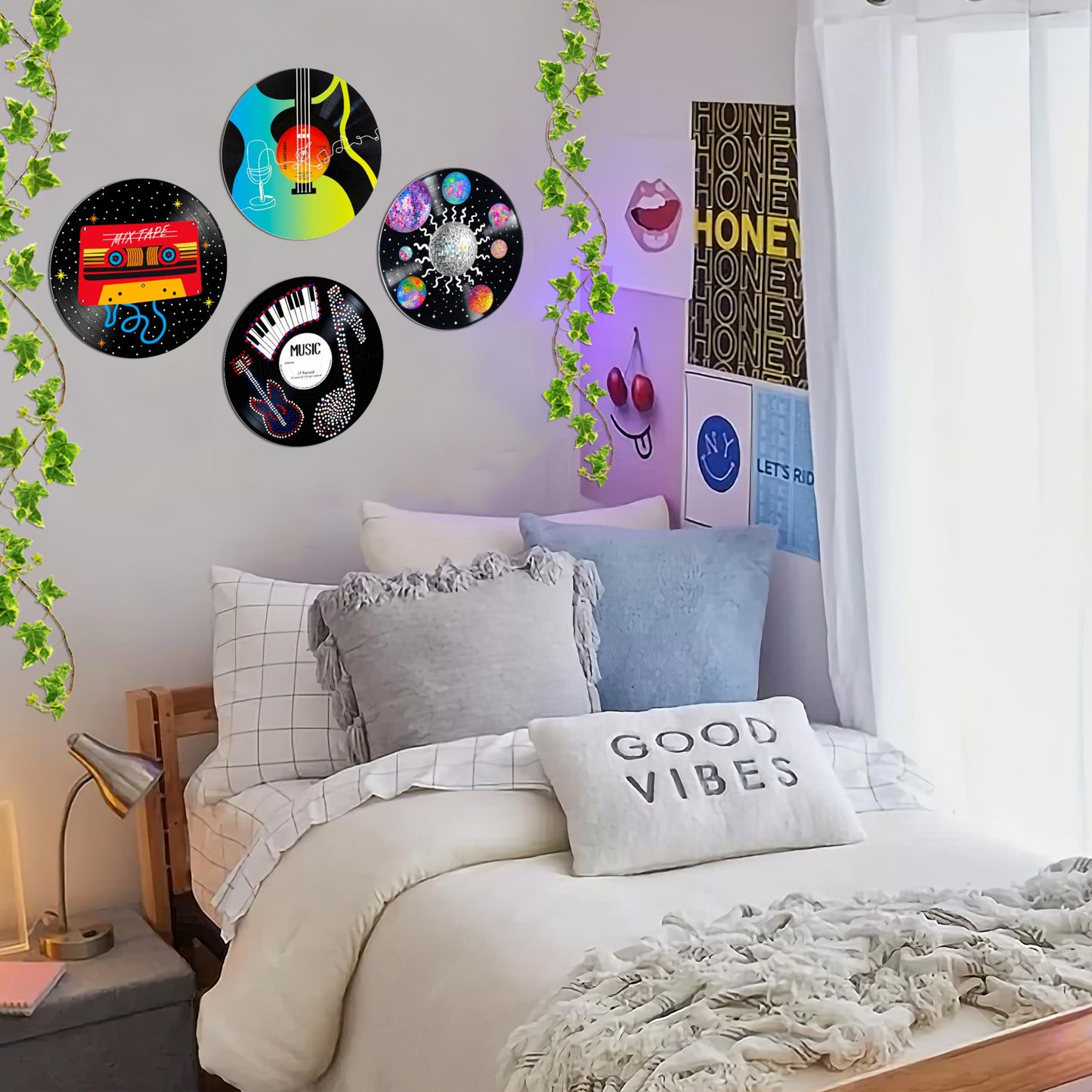HK Studio Records Wall Decor Hippie Aesthetic 12" Pack 4 - Music for Dorm, Bedroom, Teen Room Decor - PVC (not Vinyl) Room Decor Aesthetic, Room Decor Y2K