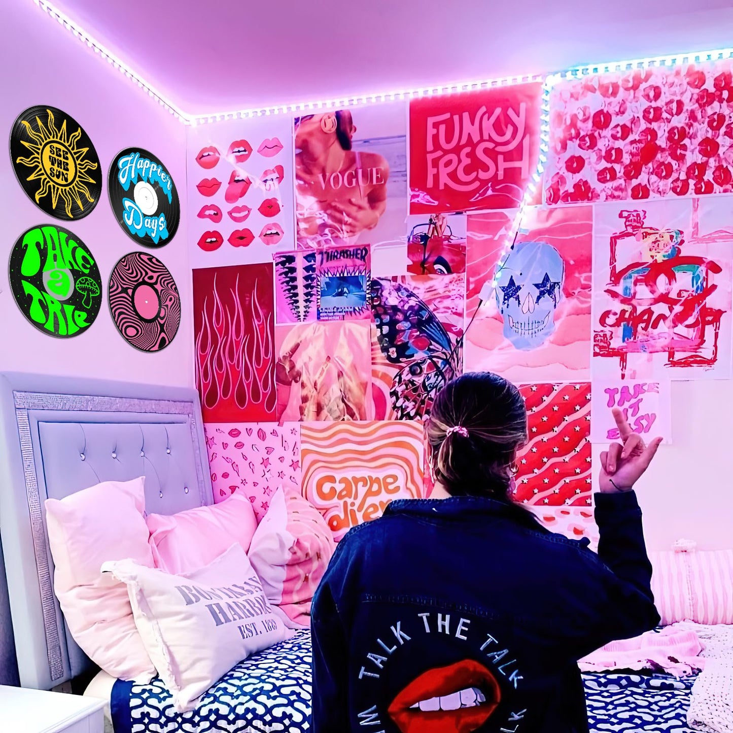 HK Studio Hippie Decor Records for Wall Aesthetic 12" Pack 4 - PVC Grunge Record Wall Decor for Dorm, Boy & Girl Room Decor Aesthetic