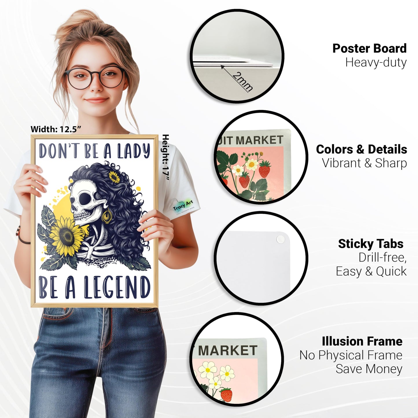Funny Poster for Women 13" x 17" - Illusion Framed Don't Be A Lady Be A Legend Dorm Decor, Office Decor for Women, Bedroom Decor for Women