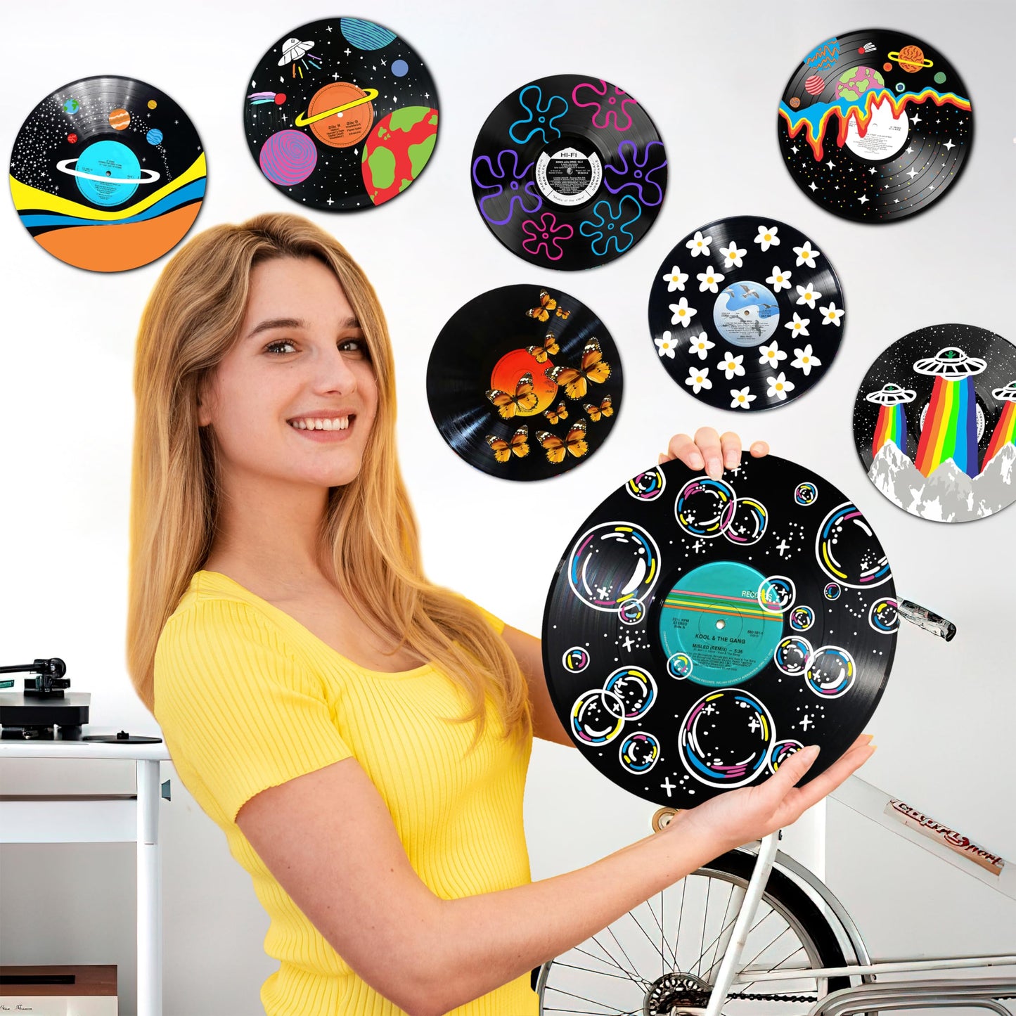 HK Studio Records Wall Decor Hippie Aesthetic 12" Pack 4 - for Dorm, Bedroom, Teen Room Decor - PVC (not Vinyl) Room Decor Aesthetic, Room Decor Y2K