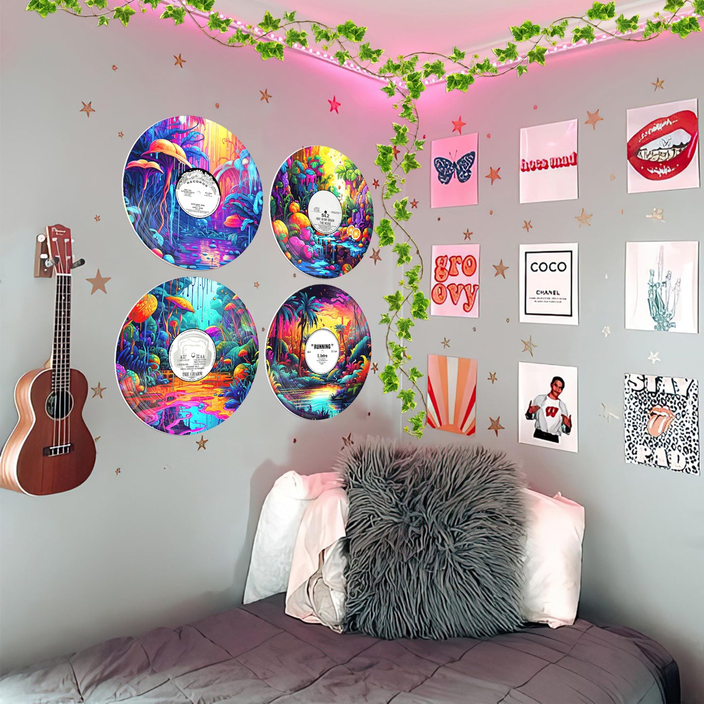 HK Studio Records Wall Decor Hippie Aesthetic 12" Pack 4 - for Dorm, Bedroom, Teen Room Decor - PVC (not Vinyl) Room Decor Aesthetic, Room Decor Y2K