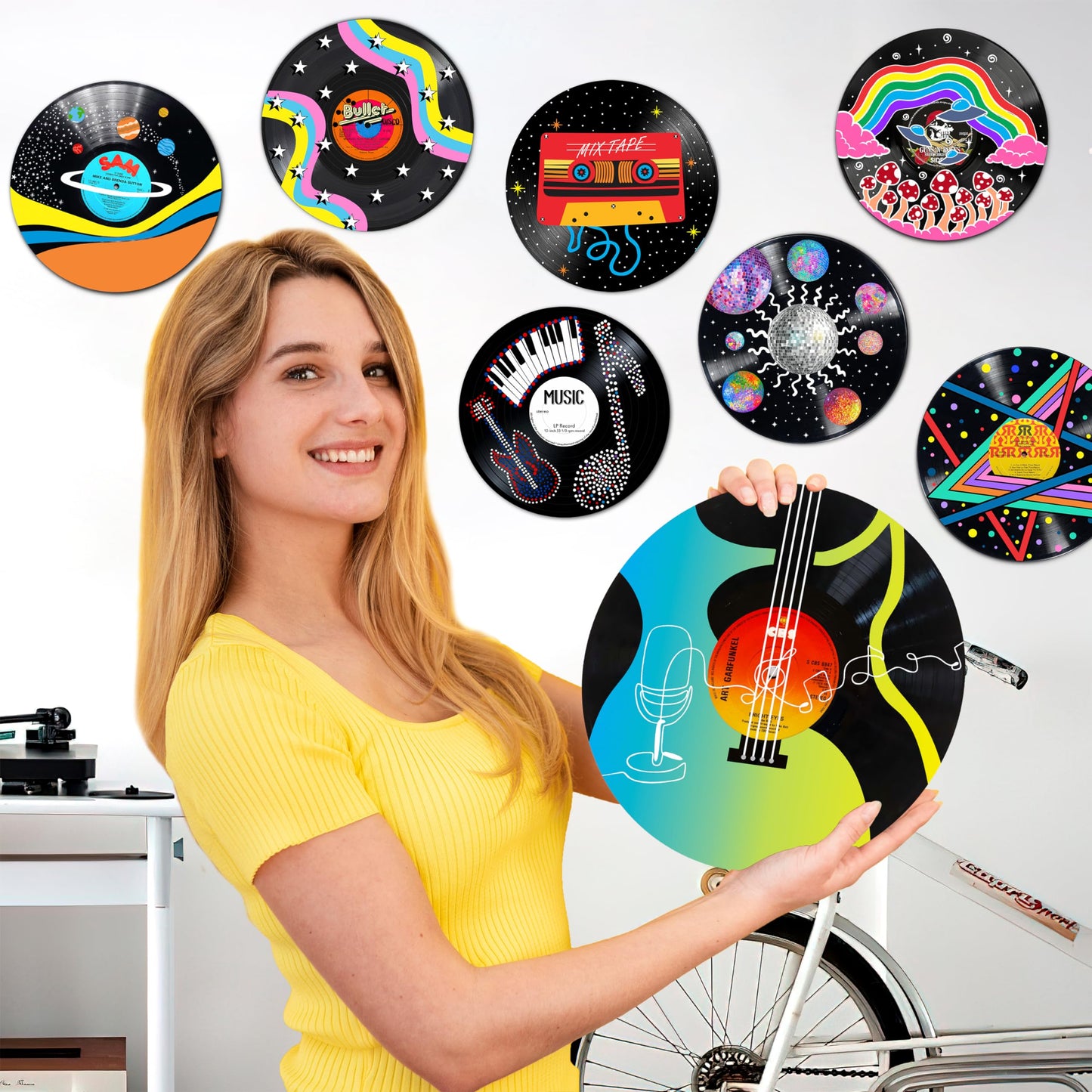 HK Studio Records Wall Decor Hippie Aesthetic 12" Pack 4 - Music for Dorm, Bedroom, Teen Room Decor - PVC (not Vinyl) Room Decor Aesthetic, Room Decor Y2K