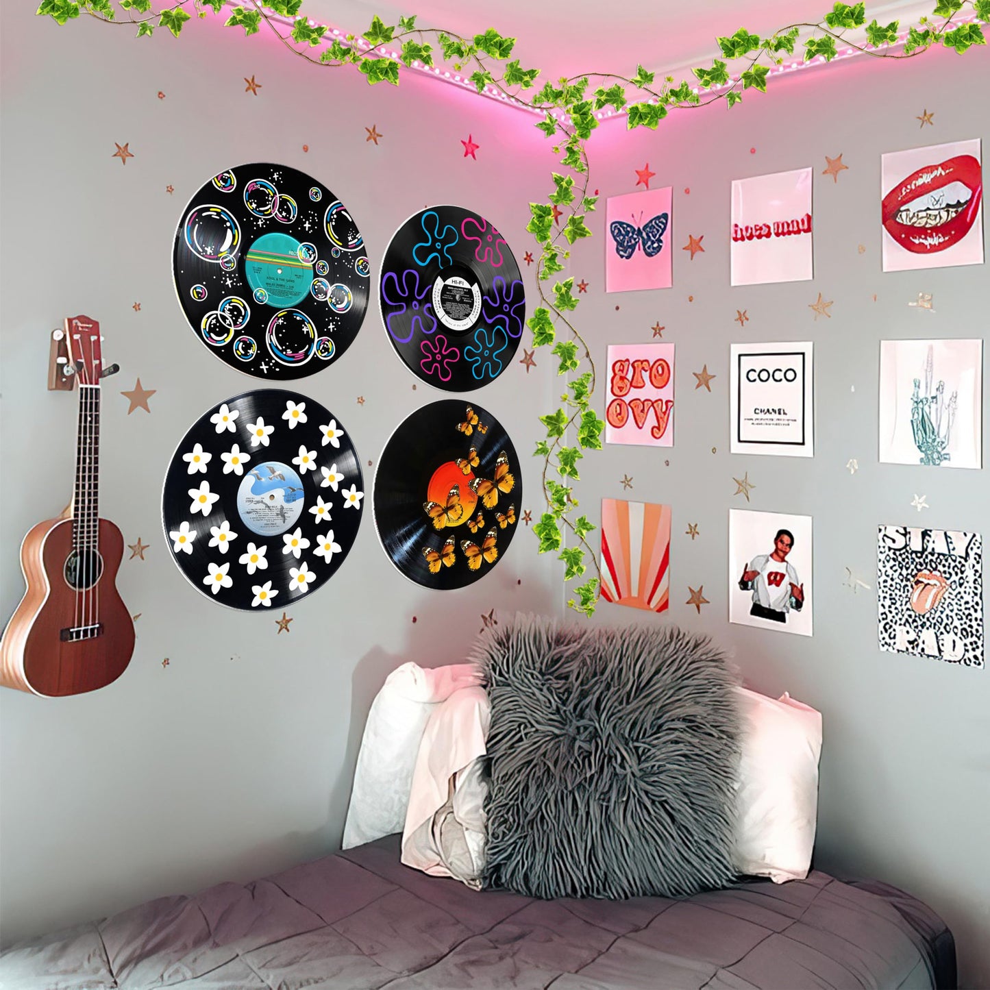 HK Studio Records Wall Decor Hippie Aesthetic 12" Pack 4 - for Dorm, Bedroom, Teen Room Decor - PVC (not Vinyl) Room Decor Aesthetic, Room Decor Y2K