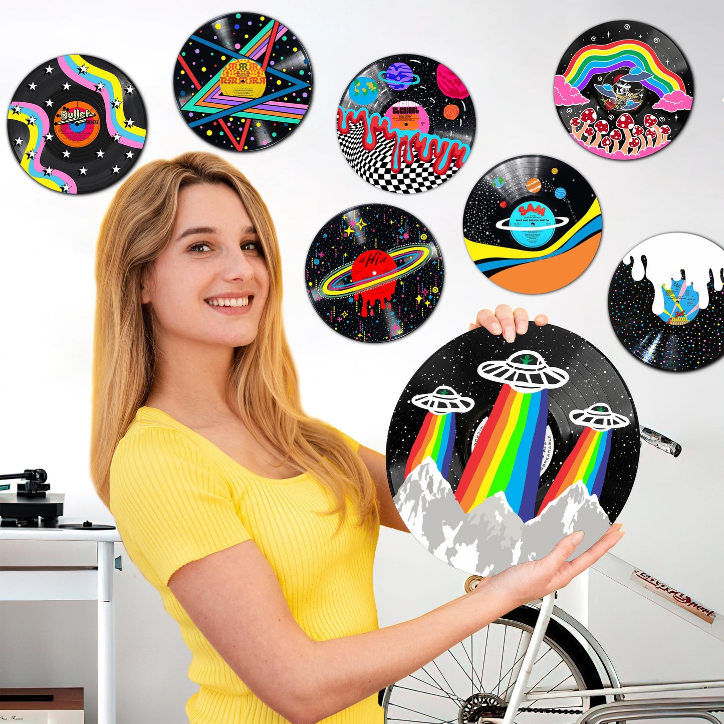 HK Studio Records Wall Decor Hippie Aesthetic 12" Pack 4 - Galaxy for Dorm, Bedroom, Teen Room Decor - PVC (not Vinyl) Room Decor Aesthetic, Room Decor Y2K