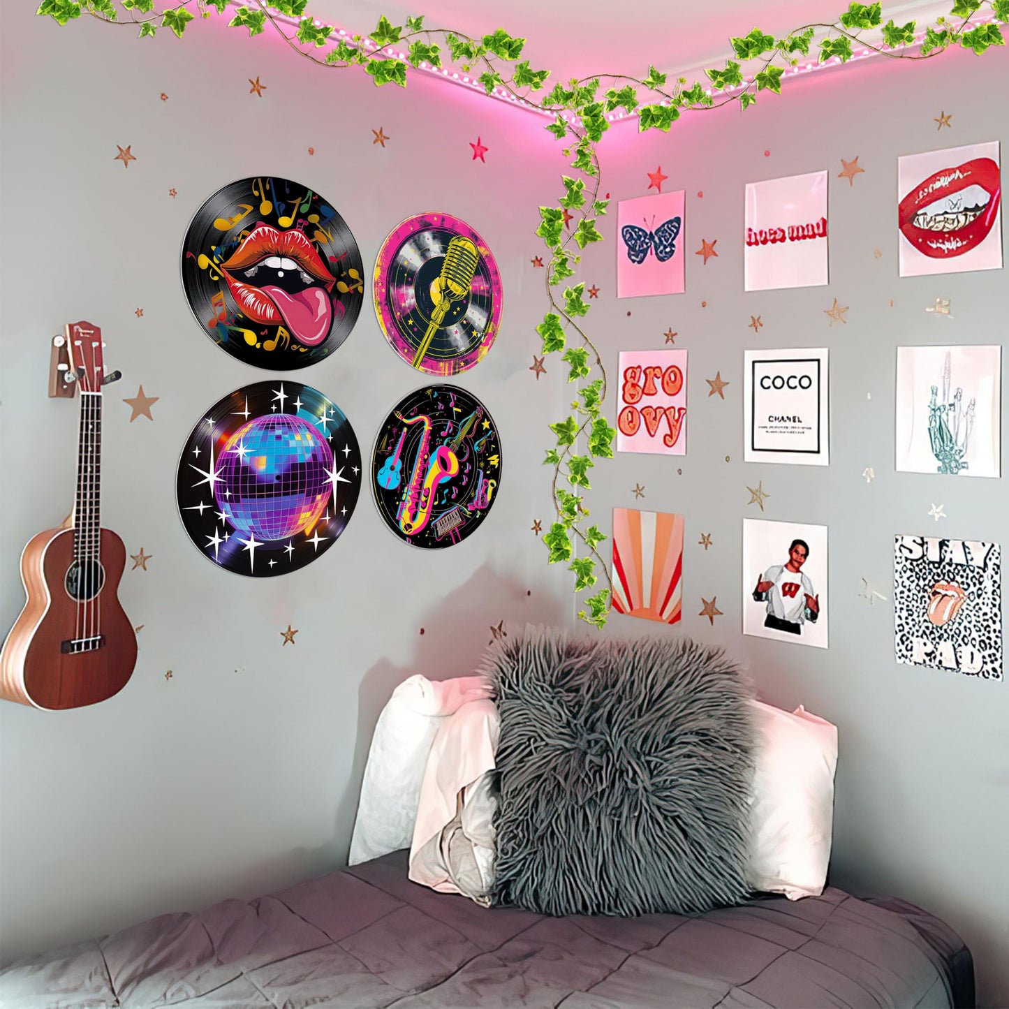 HK Studio Records Retro Music Decor Aesthetic 12" Pack 4 - Dorm Decor, Room Decor Aesthetic, Hippie Room Decor, Room Decor for Teen Girls