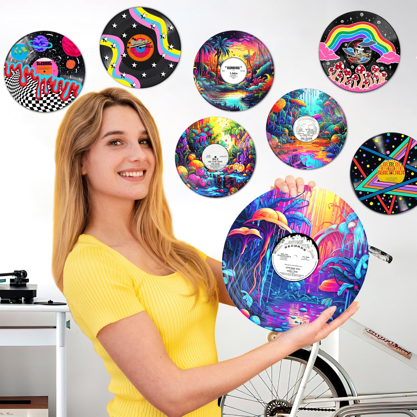 HK Studio Records Wall Decor Hippie Aesthetic 12" Pack 4 - for Dorm, Bedroom, Teen Room Decor - PVC (not Vinyl) Room Decor Aesthetic, Room Decor Y2K