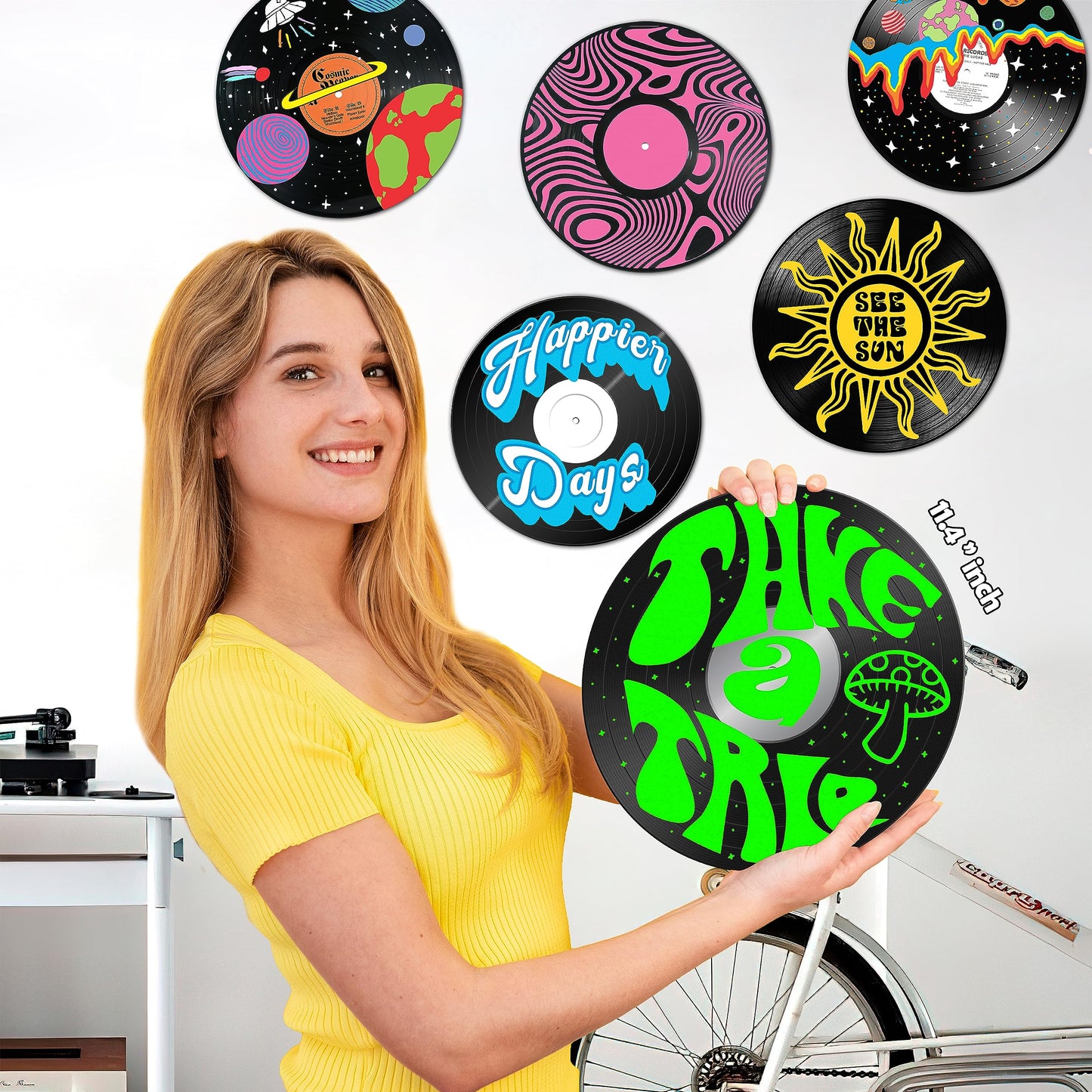 HK Studio Hippie Decor Records for Wall Aesthetic 12" Pack 4 - PVC Grunge Record Wall Decor for Dorm, Boy & Girl Room Decor Aesthetic