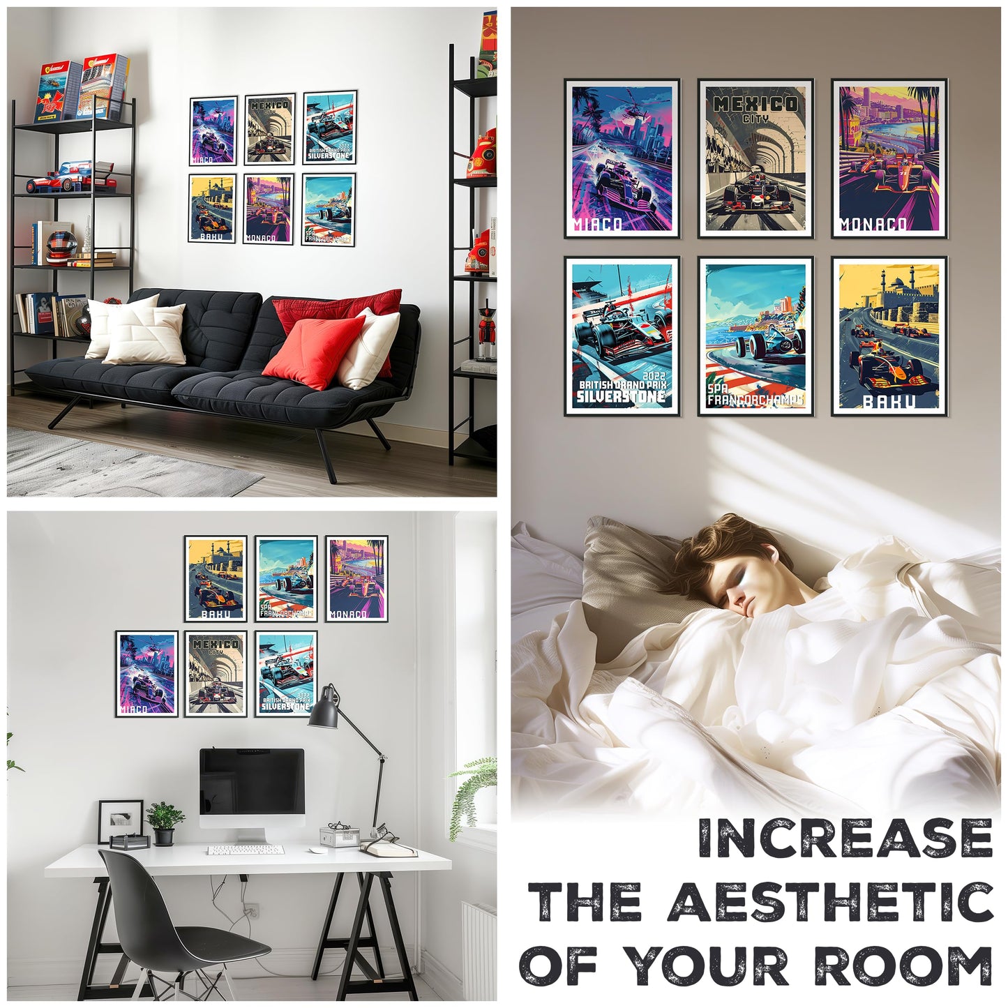 HK Studio F1 Race Car Posters Decor 8" x 11" Pack 6 - Dorm Decor, Vintage Room Decor Aesthetic, Teen Room Decor