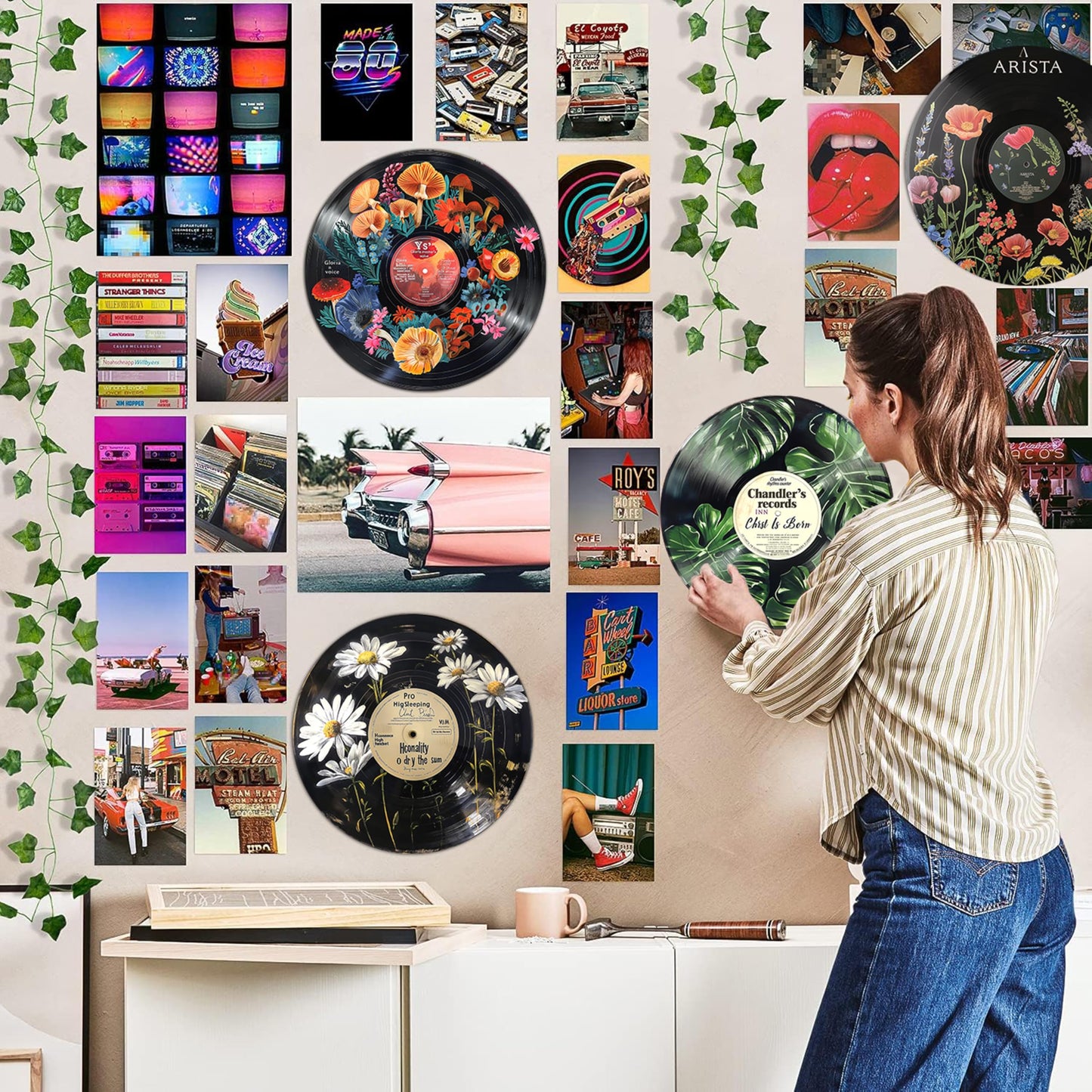 HK Studio Records Retro Music Decor Aesthetic 12" Pack 4 - Dorm Decor, Room Decor Aesthetic, Hippie Room Decor, Room Decor for Teen Girls