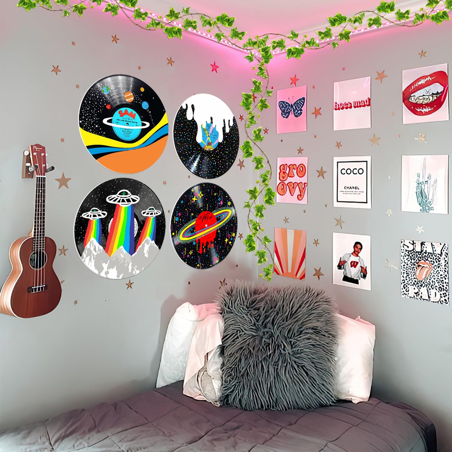 HK Studio Records Wall Decor Hippie Aesthetic 12" Pack 4 - Galaxy for Dorm, Bedroom, Teen Room Decor - PVC (not Vinyl) Room Decor Aesthetic, Room Decor Y2K