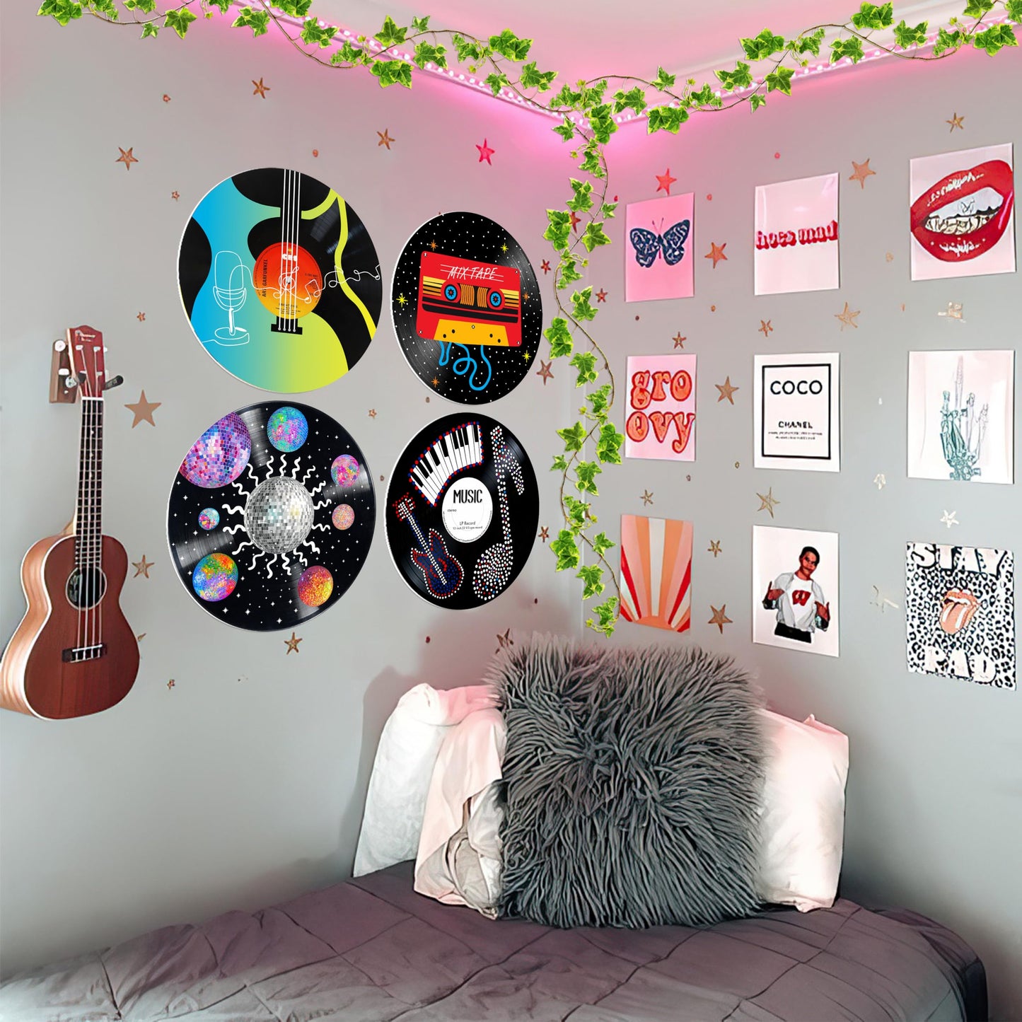 HK Studio Records Wall Decor Hippie Aesthetic 12" Pack 4 - Music for Dorm, Bedroom, Teen Room Decor - PVC (not Vinyl) Room Decor Aesthetic, Room Decor Y2K