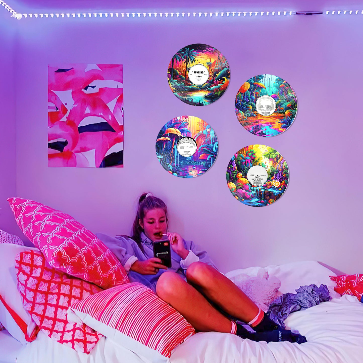 HK Studio Records Wall Decor Hippie Aesthetic 12" Pack 4 - for Dorm, Bedroom, Teen Room Decor - PVC (not Vinyl) Room Decor Aesthetic, Room Decor Y2K