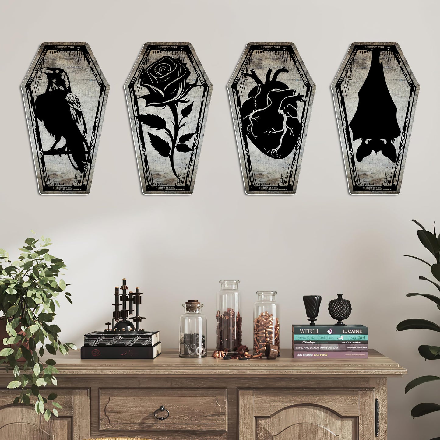 Gothic Decor Dark Academia Posters 10" x 16" Pack 4 - Illusion Framed Coffin Gothic Home Decor, Halloween Decor, Dorm Decor, Teen Room Decor
