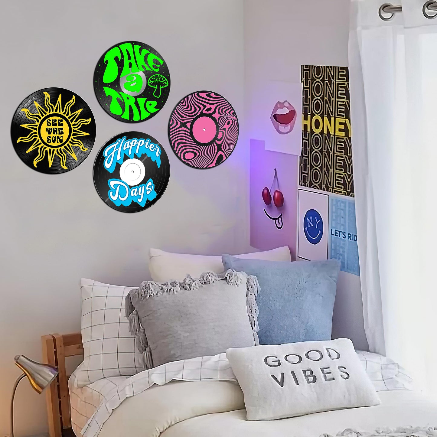 HK Studio Hippie Decor Records for Wall Aesthetic 12" Pack 4 - PVC Grunge Record Wall Decor for Dorm, Boy & Girl Room Decor Aesthetic