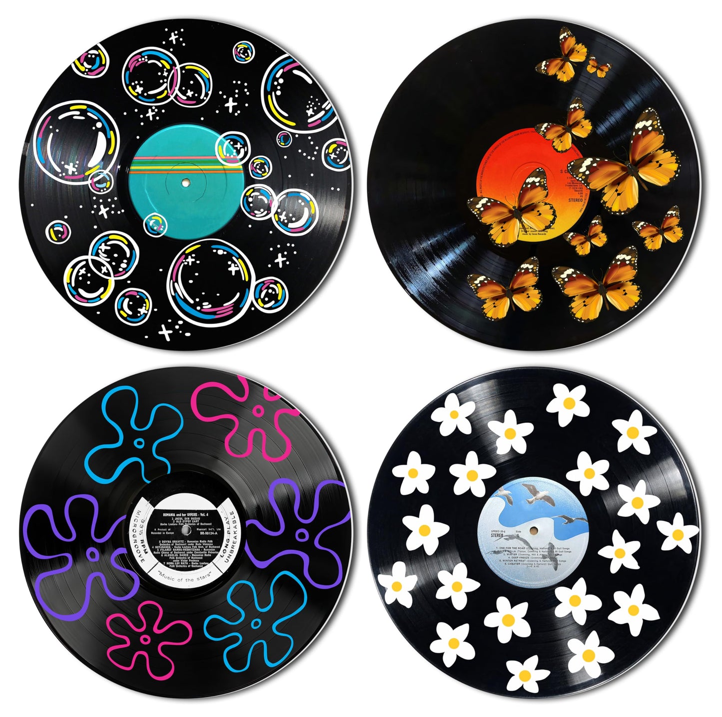 HK Studio Records Wall Decor Hippie Aesthetic 12" Pack 4 - for Dorm, Bedroom, Teen Room Decor - PVC (not Vinyl) Room Decor Aesthetic, Room Decor Y2K
