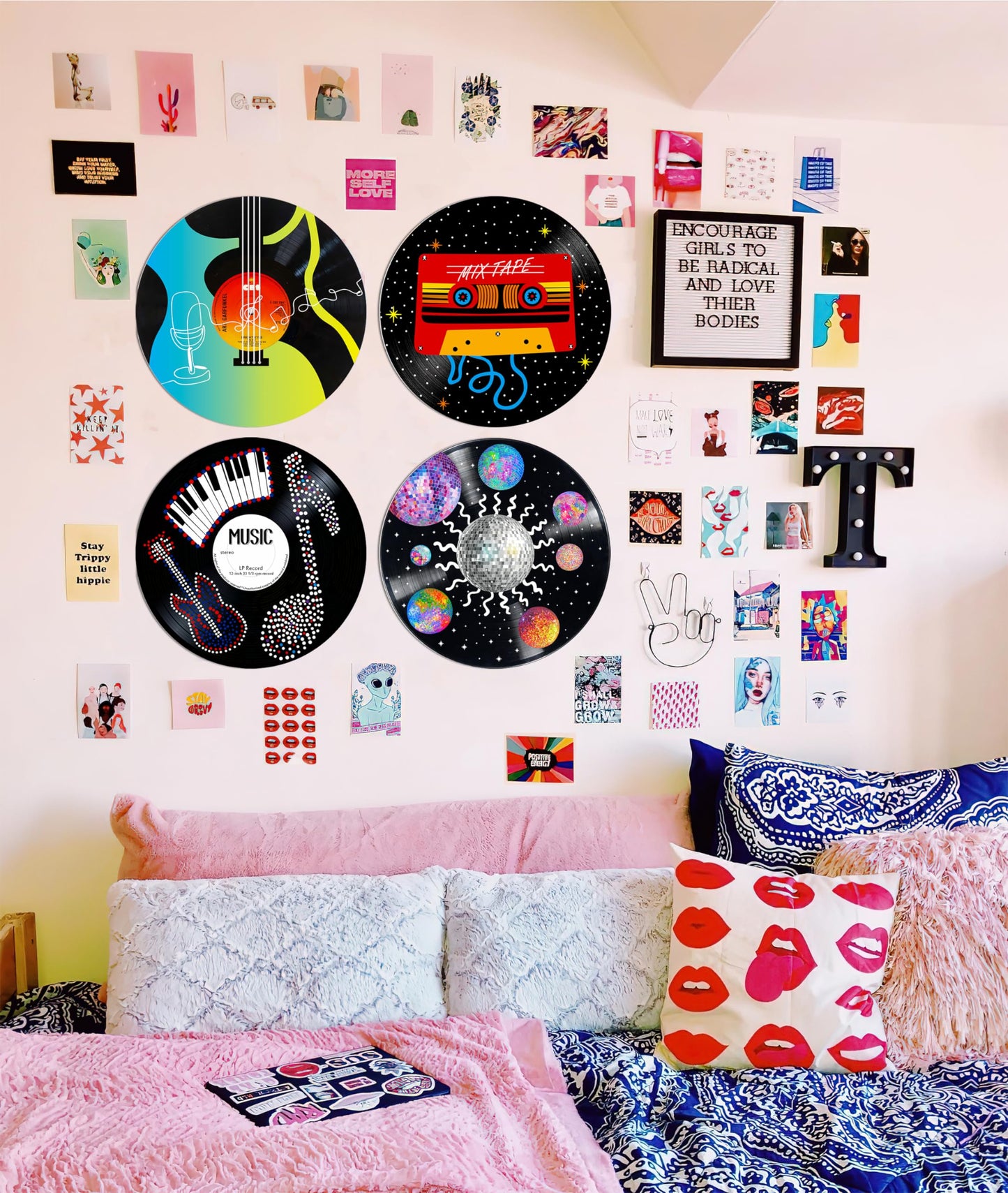 HK Studio Records Wall Decor Hippie Aesthetic 12" Pack 4 - Music for Dorm, Bedroom, Teen Room Decor - PVC (not Vinyl) Room Decor Aesthetic, Room Decor Y2K