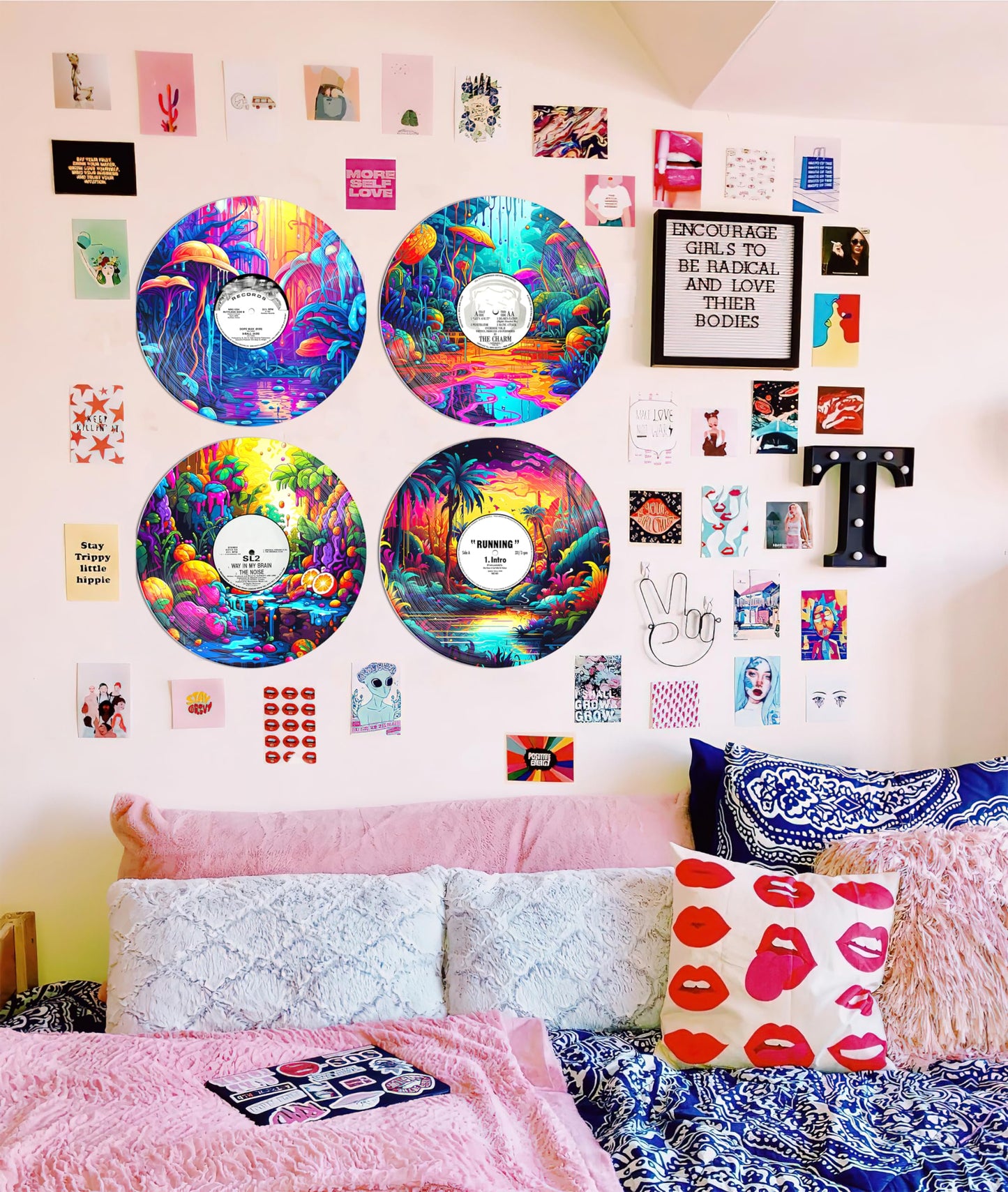 HK Studio Records Wall Decor Hippie Aesthetic 12" Pack 4 - for Dorm, Bedroom, Teen Room Decor - PVC (not Vinyl) Room Decor Aesthetic, Room Decor Y2K
