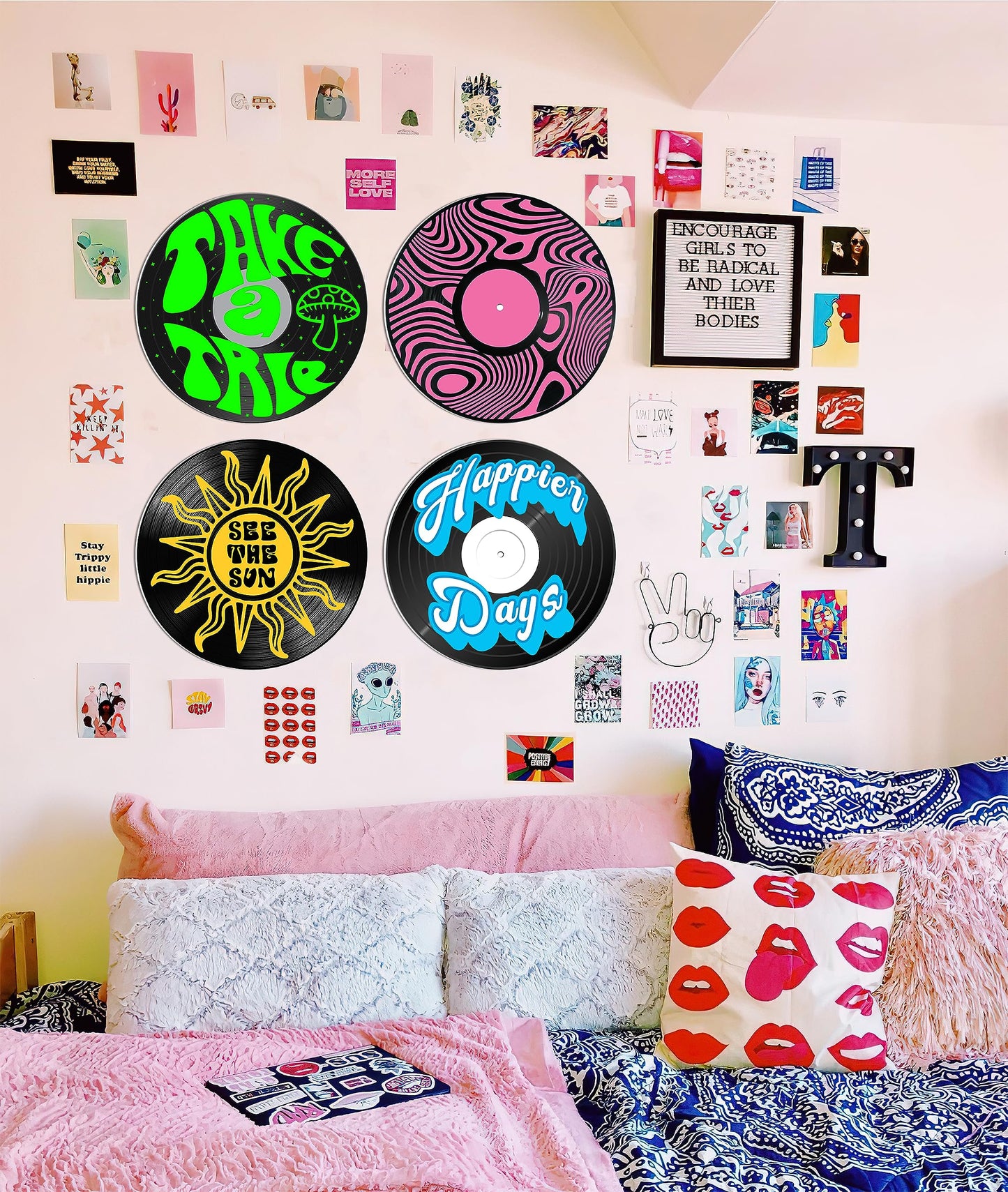 HK Studio Hippie Decor Records for Wall Aesthetic 12" Pack 4 - PVC Grunge Record Wall Decor for Dorm, Boy & Girl Room Decor Aesthetic