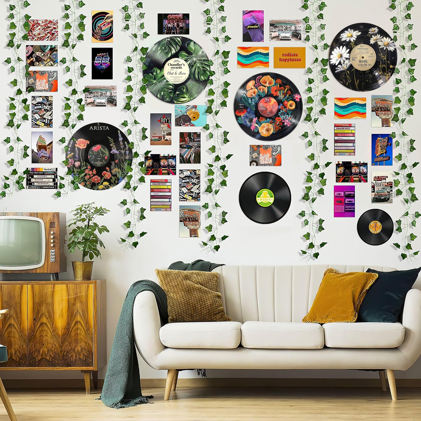 HK Studio Records Retro Music Decor Aesthetic 12" Pack 4 - Dorm Decor, Room Decor Aesthetic, Hippie Room Decor, Room Decor for Teen Girls