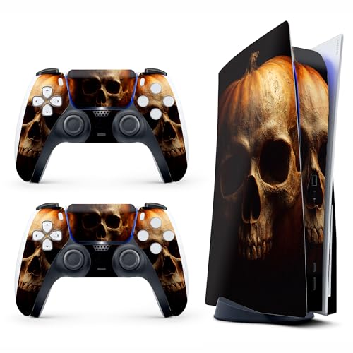 Skin Sticker for Game Console 5 Cover, Both Disc & Digital Edition (not Slim Version) - Horror Skull Pumpkin, Removable Decal Cover for 2 Controllers & Console
