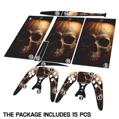 Skin Sticker for Game Console 5 Cover, Both Disc & Digital Edition (not Slim Version) - Horror Skull Pumpkin, Removable Decal Cover for 2 Controllers & Console