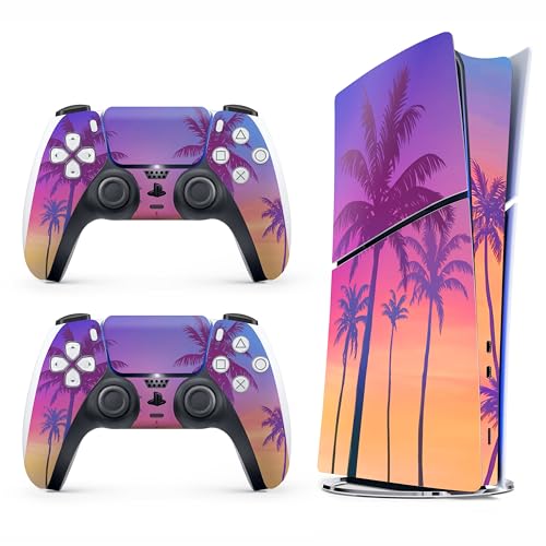 Skin Sticker for Game Console 5 Slim Version, Both Disc & Digital Edition - Beach Palms, Removable Decal Cover for 2 Controllers & Console