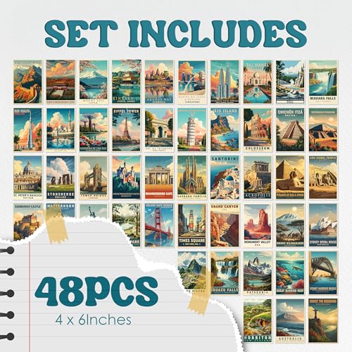 HK Studio Vintage Travel Postcards - Around The World Decorations, Vintage Travel Posters, Unframed 48 Pcs 4" x 6"