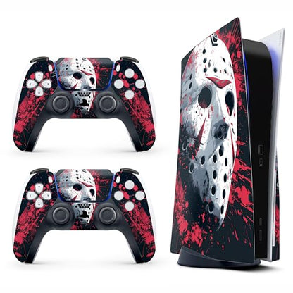 Skin Sticker for Game Console 5 Cover, Both Disc & Digital Edition (not Slim Version) - Horror Hockey Mask, Removable Decal Cover for 2 Controllers & Console