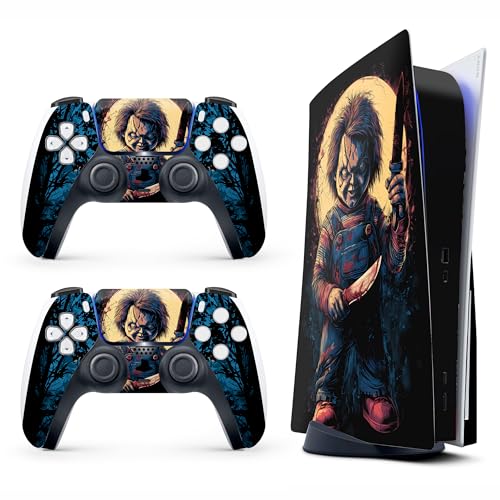 Skin Sticker for Game Console 5 Cover, Both Disc & Digital Edition (not Slim Version) - Horror Doll, Removable Decal Cover for 2 Controllers & Console