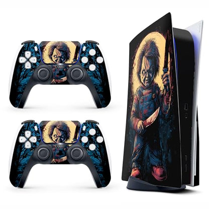 Skin Sticker for Game Console 5 Cover, Both Disc & Digital Edition (not Slim Version) - Horror Doll, Removable Decal Cover for 2 Controllers & Console