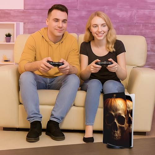 Skin Sticker for Game Console 5 Cover, Both Disc & Digital Edition (not Slim Version) - Horror Skull Pumpkin, Removable Decal Cover for 2 Controllers & Console