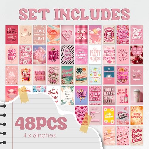 HK Studio Preppy Room Decor - Pink Wall Decor, Preppy Stuff, Unframed 48 Pcs 4" x 6"