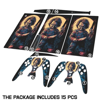 Skin Sticker for Game Console 5 Cover, Both Disc & Digital Edition (not Slim Version) - Horror Doll, Removable Decal Cover for 2 Controllers & Console