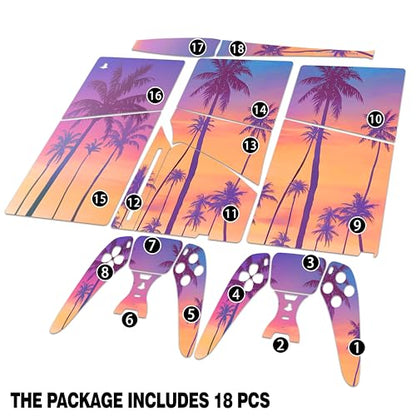Skin Sticker for Game Console 5 Slim Version, Both Disc & Digital Edition - Beach Palms, Removable Decal Cover for 2 Controllers & Console