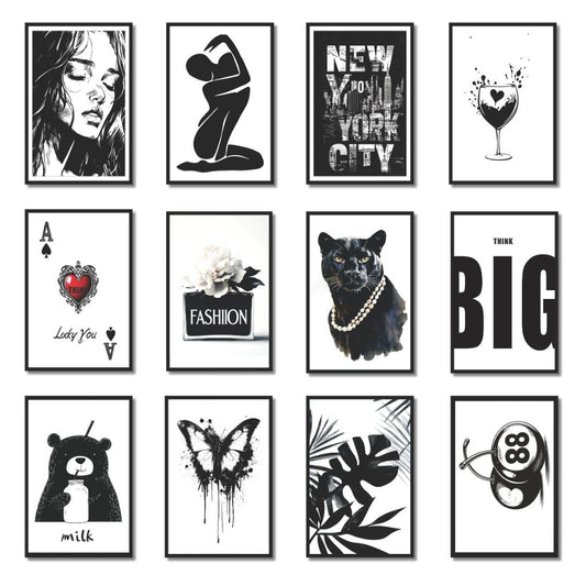 HK Studio Black Wall Decor Aesthetic Posters 8" x 12" Pack 12 - Black and White Wall Art, Dorm Decor, Teen Room Decor, Funky Decor