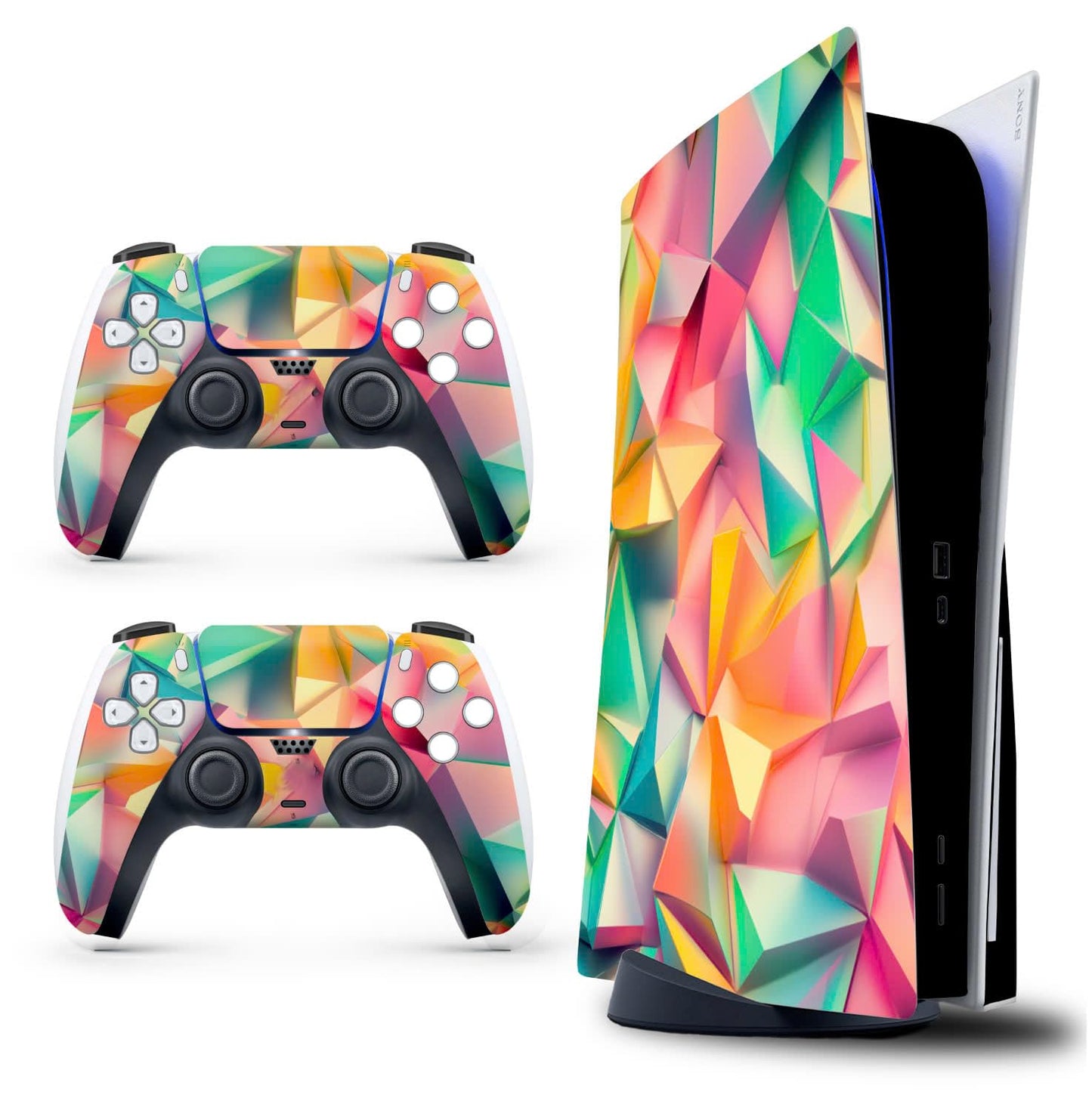 Skin Sticker for Game Console 5 Cover - 3D Polygon, Compatible with Both Disc Edition & Digital Edition (not Slim Ver) - 2 Controller Skins & Console Skin - No Bubble, Full Protection